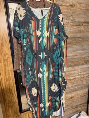 Crazy Train Aztec-Stripe Shift Dress in Teal, Orange & Cream with pockets